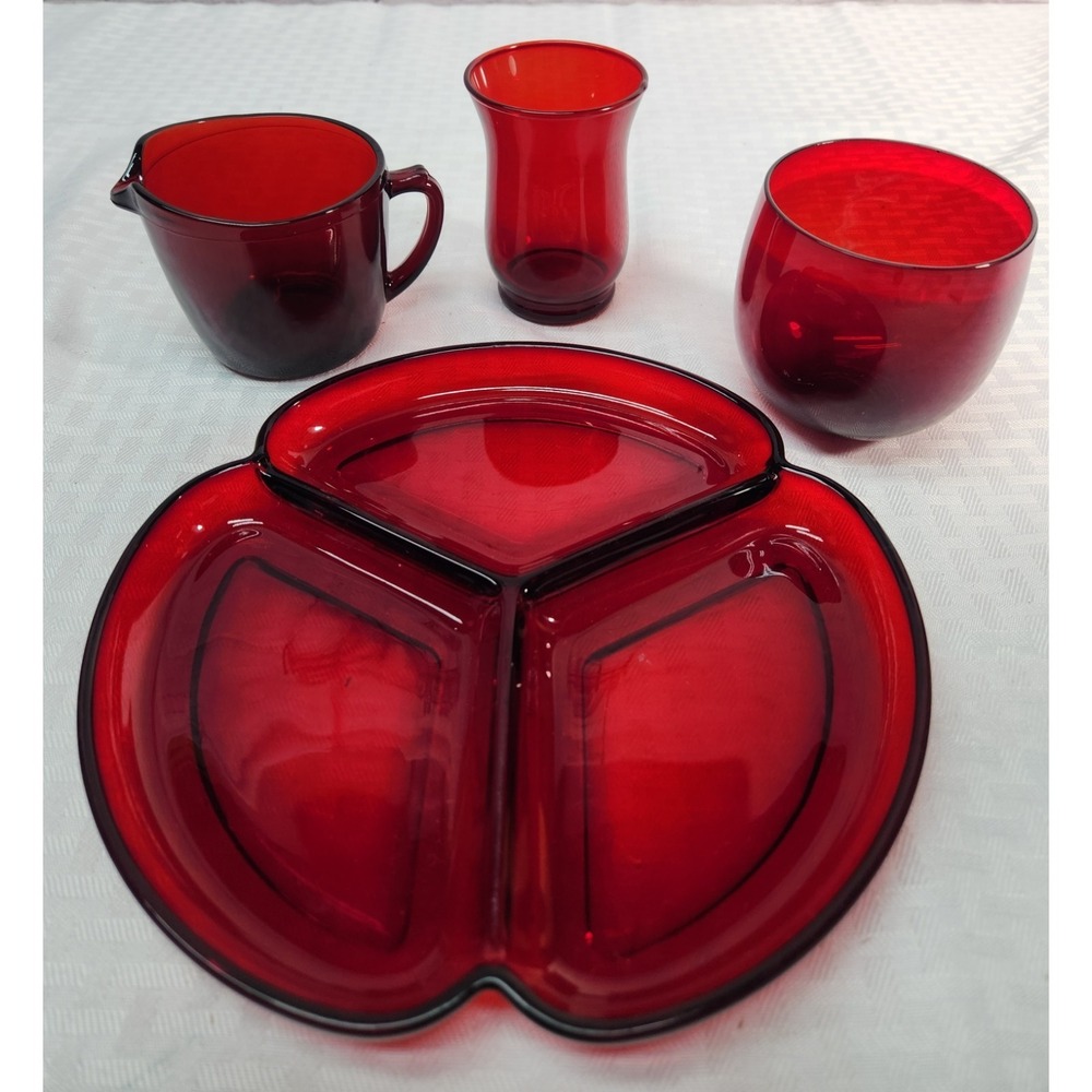 Lot Anchor Hocking Royal Ruby Red Glass- Relish Tray, Tumbler, Juice Glass Cream